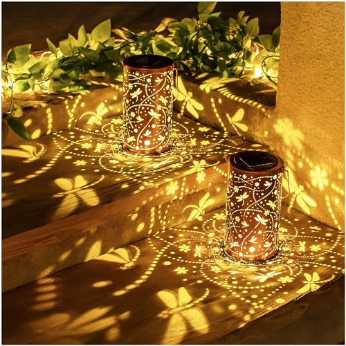 Solar Dragonfly Lanterns Outdoor Waterproof Hanging Dragonfly Lantern Gifts for Women Men Decorative Metal LED Lights for Garden Decoration (2 Pack)