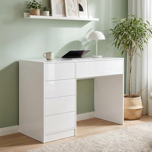 Bellamio Livny Schreibtisch Hochglanz Weiß mit 5 Schubladen, Bürotisch | Schminktisch, Jugendschreibtisch, 80x53x110 cm, Schubladen beidseitig montierbar, Schreibtisch mit Stauraum, White Desk