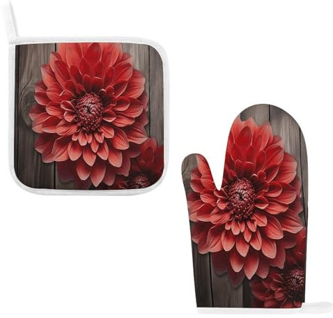 Ofenhandschuhe und Topflappen, 2-teiliges Set, Blume, rote Dahlie, bedruckt, Küche, Wärmedämmungspads, Backhandschuhe zum Kochen, Backen, Grillen