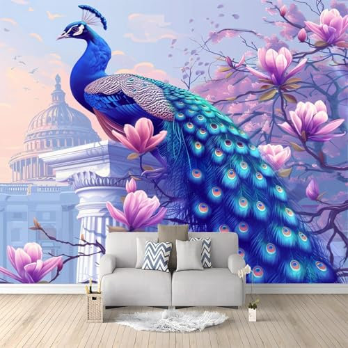 Fototapete 250x175cm Pfau Und Blume Mit Tiermotiv 3D Effekt Hochwertige XXL Moderne Wanddeko Tapete, Lila Vlies Tapete Wandbild für Wohnzimmer Schlafzimmer Büro