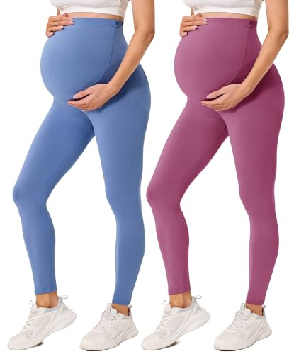 VALANDY Creamlush 2-pack kvinnor moderskap leggings över magen graviditet aktiv användning träning yoga tights byxor, 2-pack-blå/mörkrosa, M