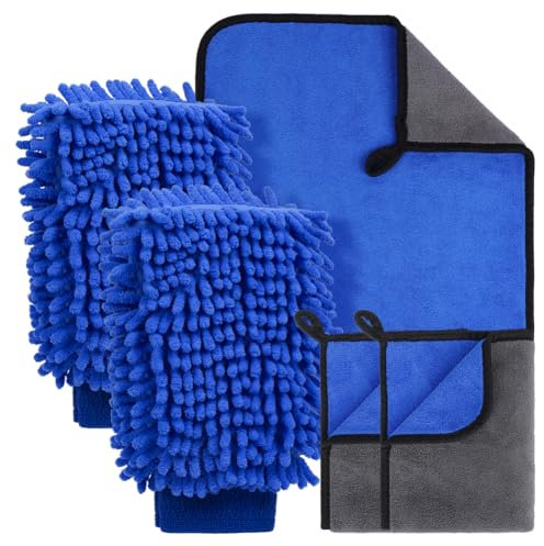 flintronic 5 Pcs Car Washing Kit with 3 Microfibre Cleaning Cloth 2 Microfiber Car Wash Mitts, 600GSM Dual-Sided Ultra Soft Drying Towels and Gloves for Household, Washing Care, Drying, Polishing