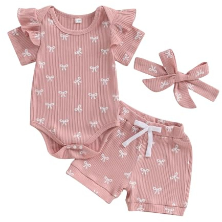 XIXIMAON Baby Girl Summer Outfits Romper Tops Shorts Set with Bow Headband (Pink, 6-12 Months)