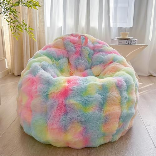 LIFEREVO Kids Fluffy Faux Rabbit Fur Bean Bag Cover (No Filler), Soft Fuzzy Stuffed Animal Storage Bubble Waffle Bean Bag for Plush Toys, Comfy Shaggy Furry Beanbag Cover Kids Girls Adults, Rainbow