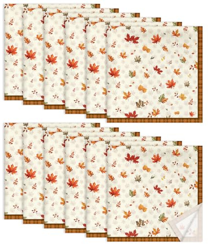 Arquiel Servietten Blätter Herbst Vintage 12er-Set, Stoffservietten 100% Baumwolle Weiches Hochwertige Wiederverwendbare Esstisch Servietten Perfekt für Hochzeiten Küche Haushalt Party(45×45cm)