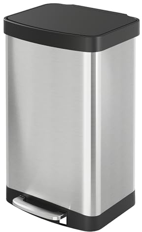 WLIVE Mülleimer Küche 55 Liter, Großer Treteimer mit Softclose-Deckel, Klemmring für Müllsäcke, geruchsdichter Abfalleimer für Küche, Büro oder Schlafzimmer, Silber