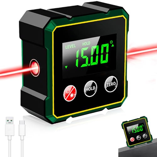 Warmfay Digitaler Winkelmesser Wasserwaage Laser mit LCD Display, Magnetisch Neigungsmesser IP54 Wasserdicht Bevel Box, Type-C Schnittstelle Wiederaufladbarer Winkelmessgerät für Holzarbeiten, Bau