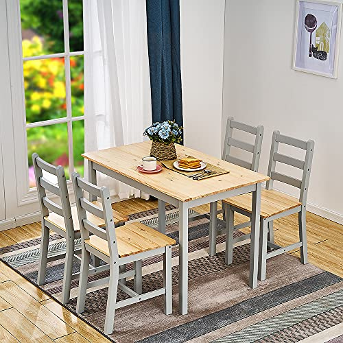 Panana Ensemble Table en Bois + 4 Chaises pour Salle à Manger, Cuisine, Séjour, Café, Table à Manger et chaises de pin en Bois Massif (Gris Naturel)
