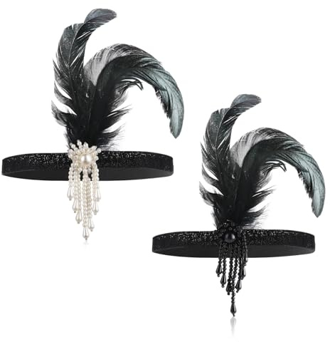ElevateTech 1920er Jahre Flapper Stirnband, 2 Stück Mode Perlen Feder Haarschmuck Schwarz Flapper Haarband 20er Jahre Accessoires Kopfschmuck for Frauen Damen Gatsby Kostüm Accessoires Halloween Party
