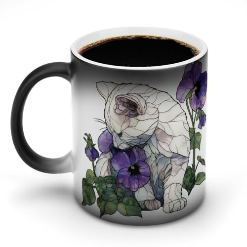 Jubonexis White Cat Purple Pansy Flowers Color Changing Mugs Heat Changing Ceramic Coffee Mug Novelty Funny Tea Water Cup 11OZ