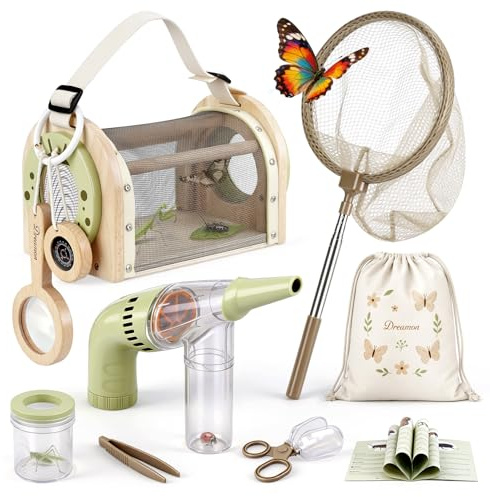 Dreamon Kit de Caza de Insectos para Niños de 3-5 Años: Jaula de Madera, Aspirador, Red y Bolsa - Juguete de Exploración al Aire Libre y Safari