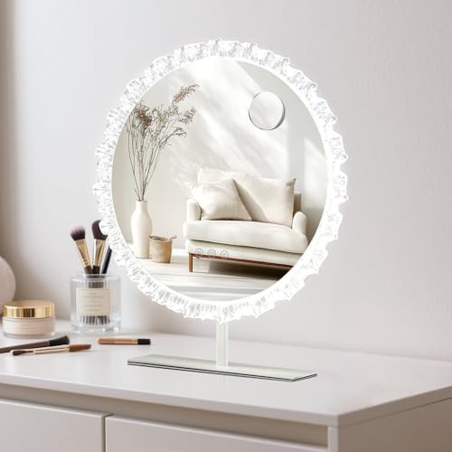BSTSEL Vanity Mirror with Adjustable LED Lights, Petal Edge Round Lighted Makeup Mirror with USB Output Port, Smart Touchscreen Control Tabletop Mirror for Dressing Table Bedroom