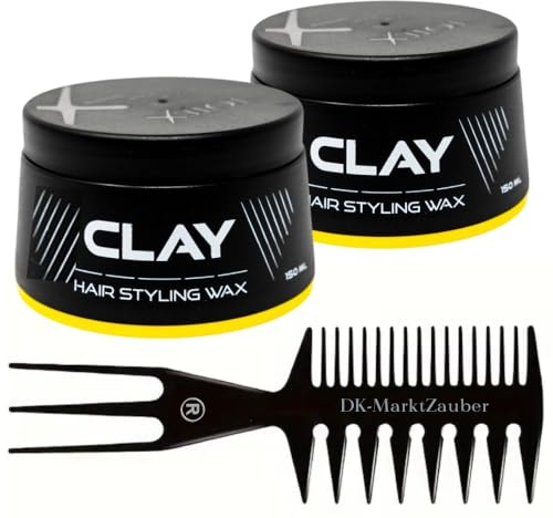 Haarstyling Wachs Clay Gelb 150 ml (2er Pack) mit Profi Styling-Kamm | Starker Halt, natürlicher Matteffekt, angenehmer Duft, leicht auswaschbar | Für Männer & Frauen