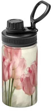 Botella de agua de metal de acero inoxidable con aislamiento de doble pared con estampado de tulipanes rosas para bebidas frías y calientes
