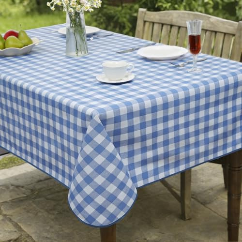FIBORIA Table Cloth Wipe Clean Outdoor Gingham Vinyl Waterproof Rectangular Blue 140x200 cm,Heavy Duty PVC Tablecloth Oilcloth with Reinforced Hem,for Garden Dining,Patio,Kitchen,Spring,Picnics,BBQ