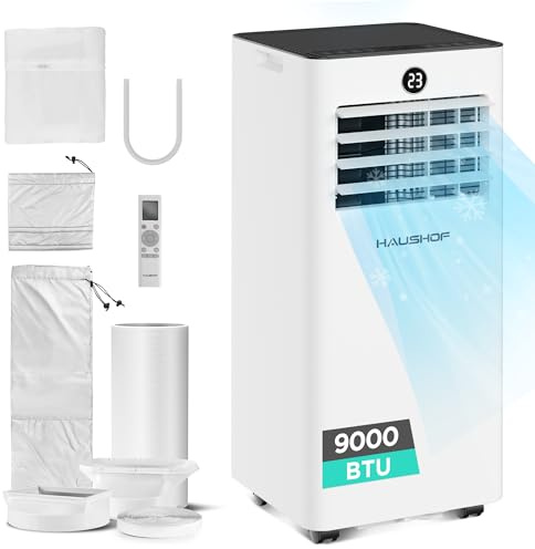 HAUSHOF Mobile Klimaanlage 9000 BTU, 4-in-1 Klimagerät mit Abluftschlauch, Kühlen/Entfeuchten/Ventilieren/Nachtmodus, 330 m³/h, Fernbedienung, mit Fensterdichtungsset, für Räume bis 30 m²