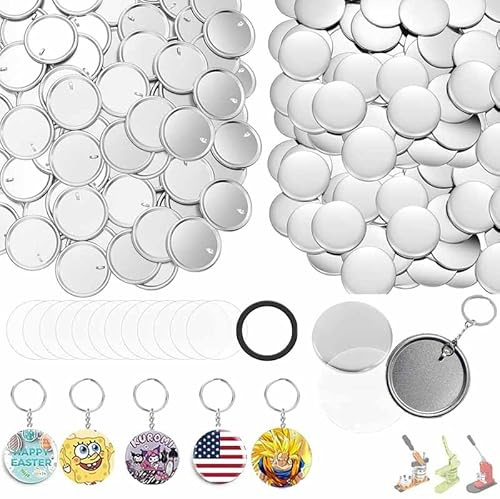 50 Piece Button Machine Keychain Supplies, 58mm/2.25 inch Pin Making Kit for Button Maker Machine, Metal Button Badge Sets with Metal Shell Back Cover, Transparent Film and Chain Head