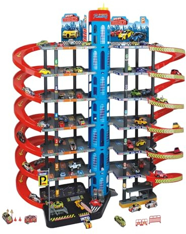 Speed Racer Mega Aparcamiento Doble de 7 Plantas, Garaje, Incluye 10 Coches Surtidos, para niños a Partir de 4 años