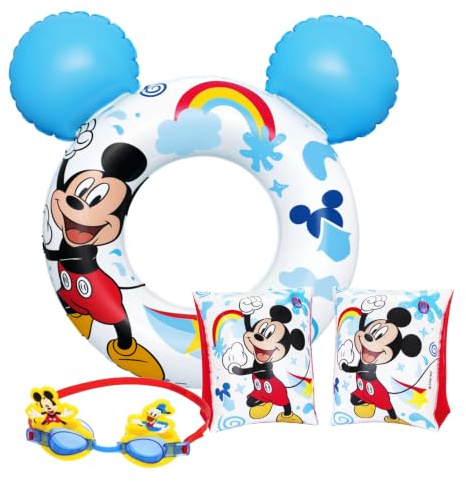 Mickey Mouse Pool Float Bundle for Kids – Inflatable Pool Float Bundle of 3 - Swim Ring Tube, Arm Bands & Swimming Goggles – Children's Pool Accessories for Swimming Pool, Beach & Summer Water Fun