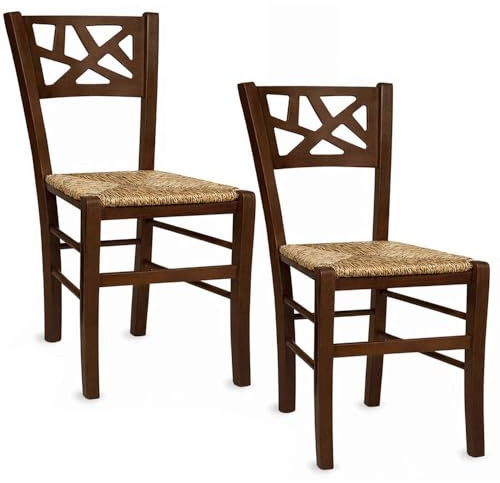 OKAFFAREFATTO MADDALONI Sissy Lot de 2 chaises de salle à manger en noyer foncé avec siège en paille