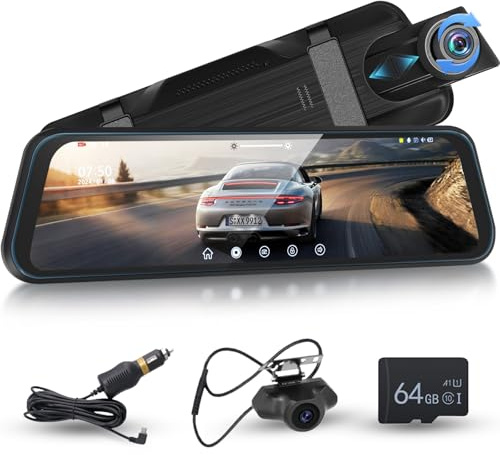 Hodozzy Mirror Dash Cam for Car 1080P Full Touch Screen 9.66 Inch with Loop Recording Mirror Dual Dashcam Front and Rear View Camera with Night Vision, Parking Assistance, Motion Detection, 64G Card