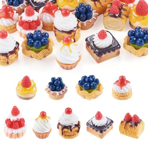 Boutigem 18 piezas de pastel de postre en miniatura para casa de muñecas, imitación de pastel de manzana y fresa, cupcake de arándanos, tarta de huevo con frutas, cabujones, dulces alimentos