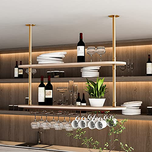 KHLMSRXJ Portabottiglie da soffitto con portabicchieri - Portabicchieri da Vino in Metallo sospeso con tavola in Legno massello, espositore per Bicchieri da Vino, Bottiglie di Vino, per Bar