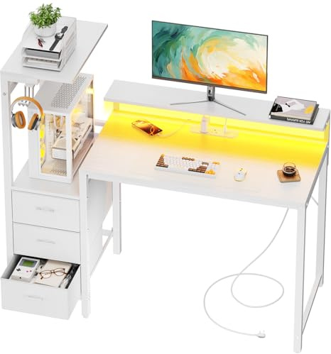 DLONGONE Gaming Desk with Drawers, 112x50 cm Computer Desk with LED & Power Outlets, Reversible Office Desk with Display Shelves & Monitor Stand, Study PC Table with Side Hooks for Home Office, White