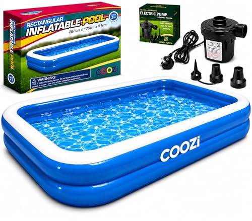 COOZi Inflatable Paddling Pool With Pump - Family Pool With Repair Patch - Easy to Inflate Paddling Pool for Kids and Adults - Inflatable Swimming Pools for Gardens (Pool + Pump, 2.6M With Pump)