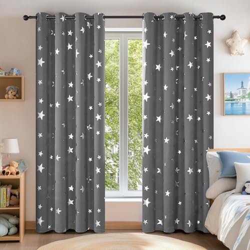 Deconovo Lot de 2 Rideaux Occultant Isotants Thermique Anti Froids Rideau pour Petite Fenetre à Oeillets Motifs Etoile ArgenteGris Clair140×229CM