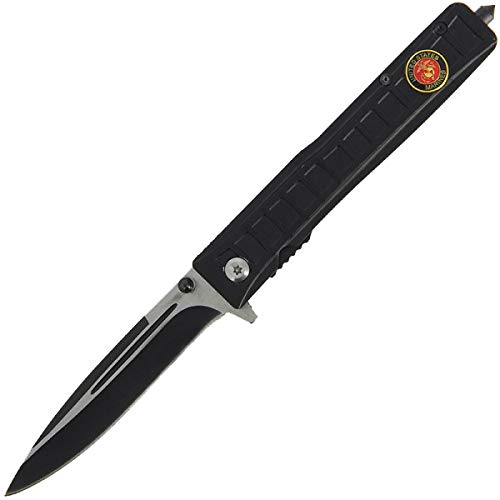 G8DS® Lock Knife mit Gürtelclip und Glasbrecher Einhandmesser Stiletto Schwarz Marines Black