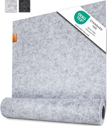Miqio Design Tischläufer Grau aus Filz | Nachhaltiger Oekotex Filzstoff 150x40 cm abwaschbar | Echtleder Label | Skandinavischer Filzläufer