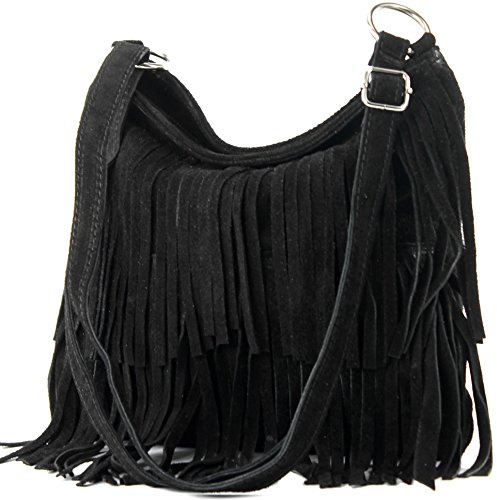 Ital. Borsa a tracolla in pelle Frans borsa tracolla donna borsa in pelle scamosciata T125, Colore:Nero