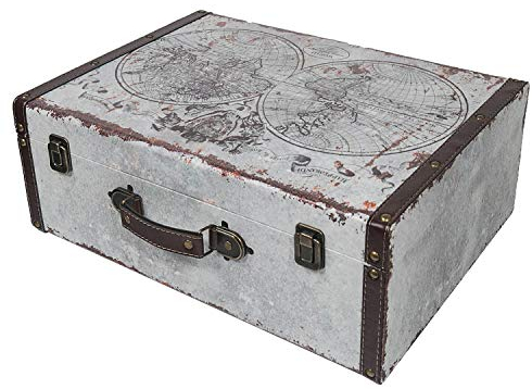 HMF VKO101 Vintage Koffer aus Holz | 44 x 32 x 16 cm | Groß | Deko Weltkarte