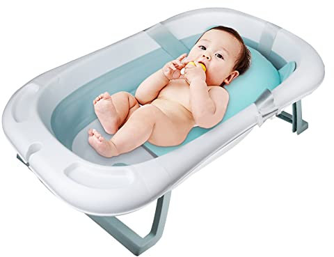 Faltbar Babybadewanne faltbare Neugeborenenbadewanne mit intelligentem Echtzeit-Temperatursensor Kinderbadewanne mit Sicherheitsbadesitz babybadewanne mit ständer 85*53*25cm aus PP und TPE tragbar