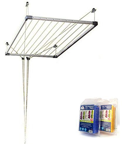 Bricolemar - Séchoir de Plafond Cuncial Tezno-Techo pour Monter et descendre + 40 Pinces incassables, Pack Monobloc