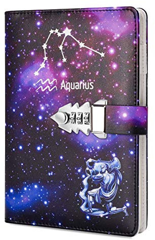A5 Creative Password Journal with Lock, PU Leather Diary with Combination Lock Password Notebook Locking Journal Diary (Aquarius)