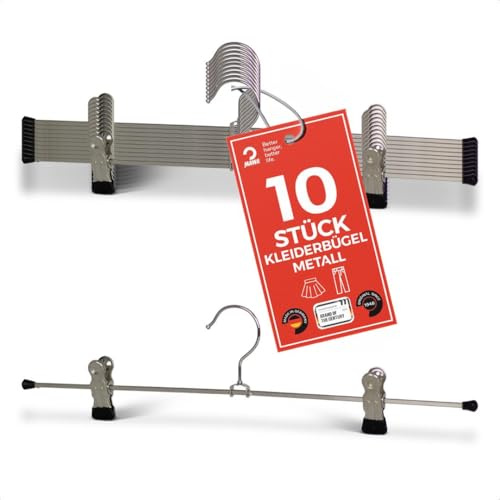 MAWA Kleiderbügel mit Clips, Set aus 10 platzsparenden Bügeln mit rutschfesten Clips, perfekt für Hosen und Röcke, mit 360° drehbarem Haken, 40cm, Schwarz