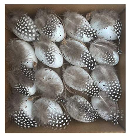 Super Idee 16 x Gesprenkelte Ostereier zum Aufhängen mit Federn Osterdeko mit natürlichem Muster Osterdekoration für Zweige und Ostergestecke 6 cm Größe Osterei aus Plastik perfekte Frühlingsdeko