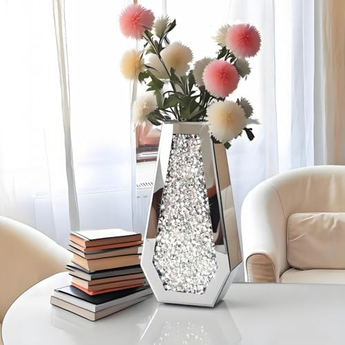 ALLARTONLY Blumenvase Crushed Diamond Spiegelvase Kristall Silber Glas Dekorative Spiegel Vase Große Größe Luxus für Home Decor Diamond Shape Verdickt Kann kein Wasser halten
