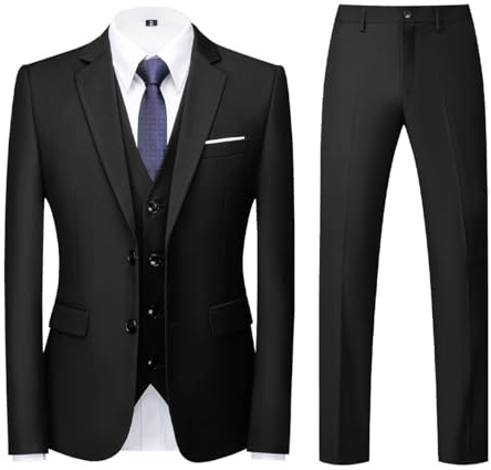 Men Suits 3 Piece Slim Fit Single Breasted Two Button Black Wedding Tuxedo Suit Blazer Waistcoat Trousers(Black,Larger)