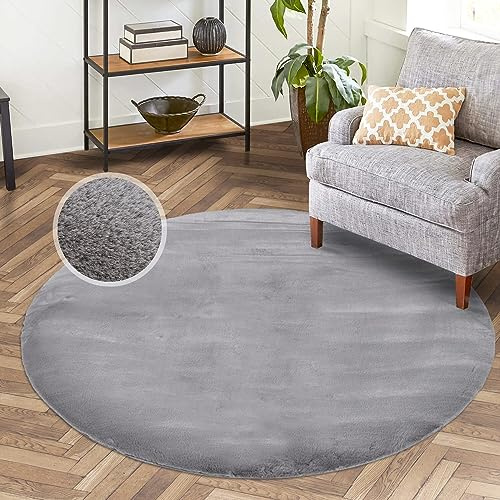 carpet city Hochflor Teppich Wohnzimmer - Einfarbig Grau - 120x120 cm Rund - Super Soft Polyester, Samtig-Flauschiger Flor - Fell-Teppiche für Schlafzimmer, Esszimmer, Arbeitszimmer
