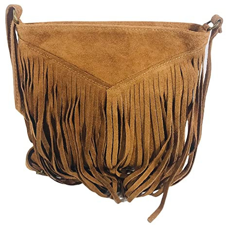 Sac à Main Femme Cuir Veritable Façon Daim Italien à bandoulière Porté Epaule à franges-Camel