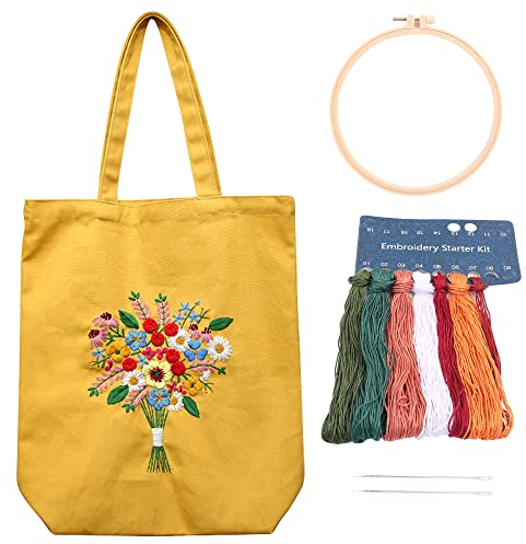 Stickset für Leinen-Tragetaschen, Stickset Tragetasche mit Muster und Anleitung für Anfänger, Gelb Tote Bag Stickerei Set mit Blumenmuster Farbfäden Stickrahmen und Werkzeug für DIY Kunst, Handwerk