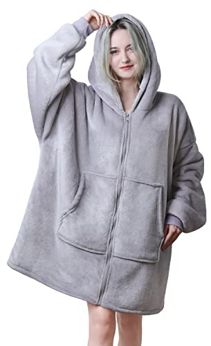 Queenshin Gris Sweat à Capuche Plaid Épais avec fermeture Éclair Femme Homme Couverture Polaire Sherpa, Pull Hiver Plaid Poncho avec Grande Poche et Manche Chaud, Cadeau Fluffy Douce Confortable