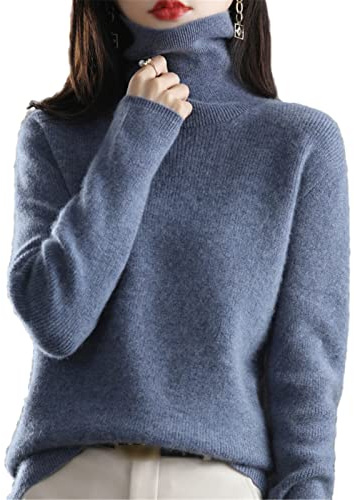 Kaschmir-Pullover für Damen, Rollkragenpullover, 100 % Wolle, lässiges Strick-Top, Herbst, Winter, Übergröße, Thermo-Pullover, Haze Blue, XXL