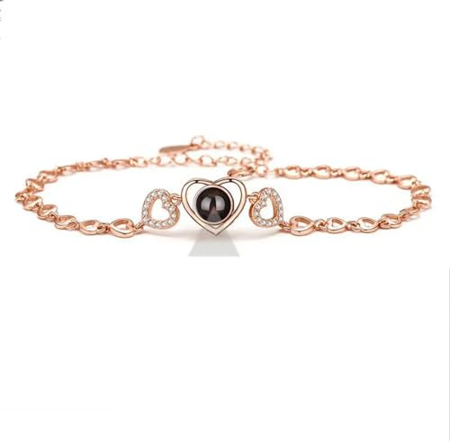 Custom Projection Bracelet Personalized Photo Heart-Shaped Bracelet for Girlfriend Memorial Birthday Gift (Rose Gold)