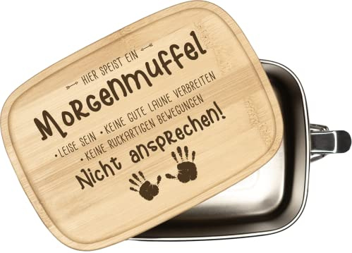 Tassenbrennerei Brotdose mit Spruch - Hier speist ein Morgenmuffel - 1000ml Edelstahl Box mit Bambusdeckel graviert - Geschenk lustig für Freund, Freundin