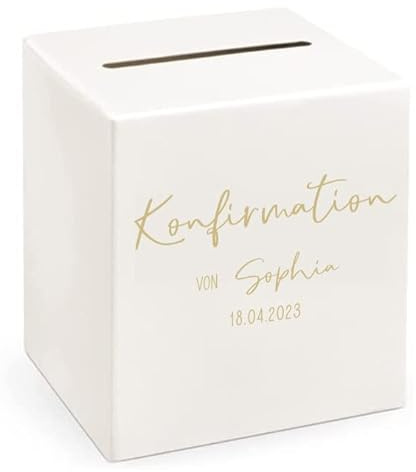 Brief-Box KONFIRMATION personalisierbar mit Namen & Datum in creme & gold Kuvert-Kiste Geschenk-Box Geld-Box Kommunions-Geschenk Geld-Geschenke zur Kommunion Sammel-Box für Jungen & Mädchen geeignet