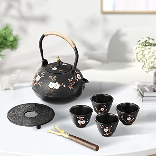 Dyna-Living Teekanne Gusseisen Set, Japanische 1,2 Liter Gusseiserne Teekanne 4 Teebecher, Basis, Edelstahl Sieb, Holzgriff Clip, Handbemaltes Elsternmotiv, Schwarz